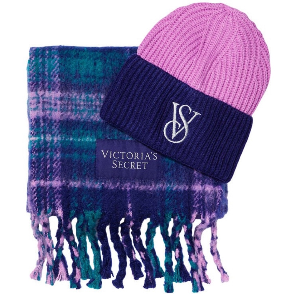 Victoria's Secret Scarf SET Purple & Blue W/Matching VS
Embroidered Beanie CUTE! - Picture 3 of 3